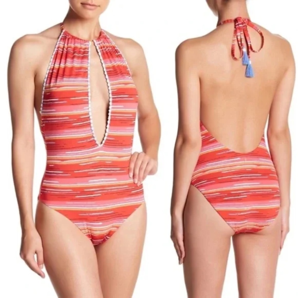 Dolce Vita Red Striped Halter One-Piece Swimsuit
